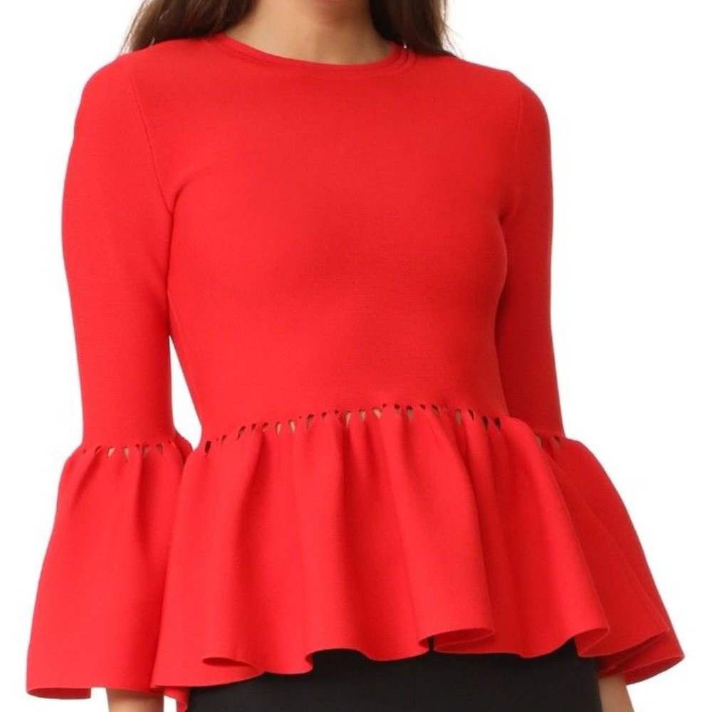 Jonathan Simkhai Slashed Knit Peplum Red Top